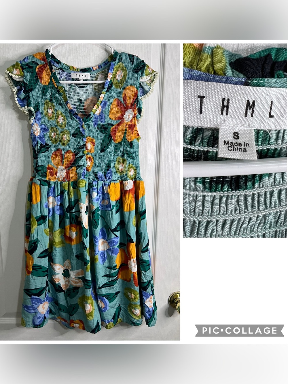 THML Teal Floral Smocked V-Neck Dress with Orange & Blue Blooms size S